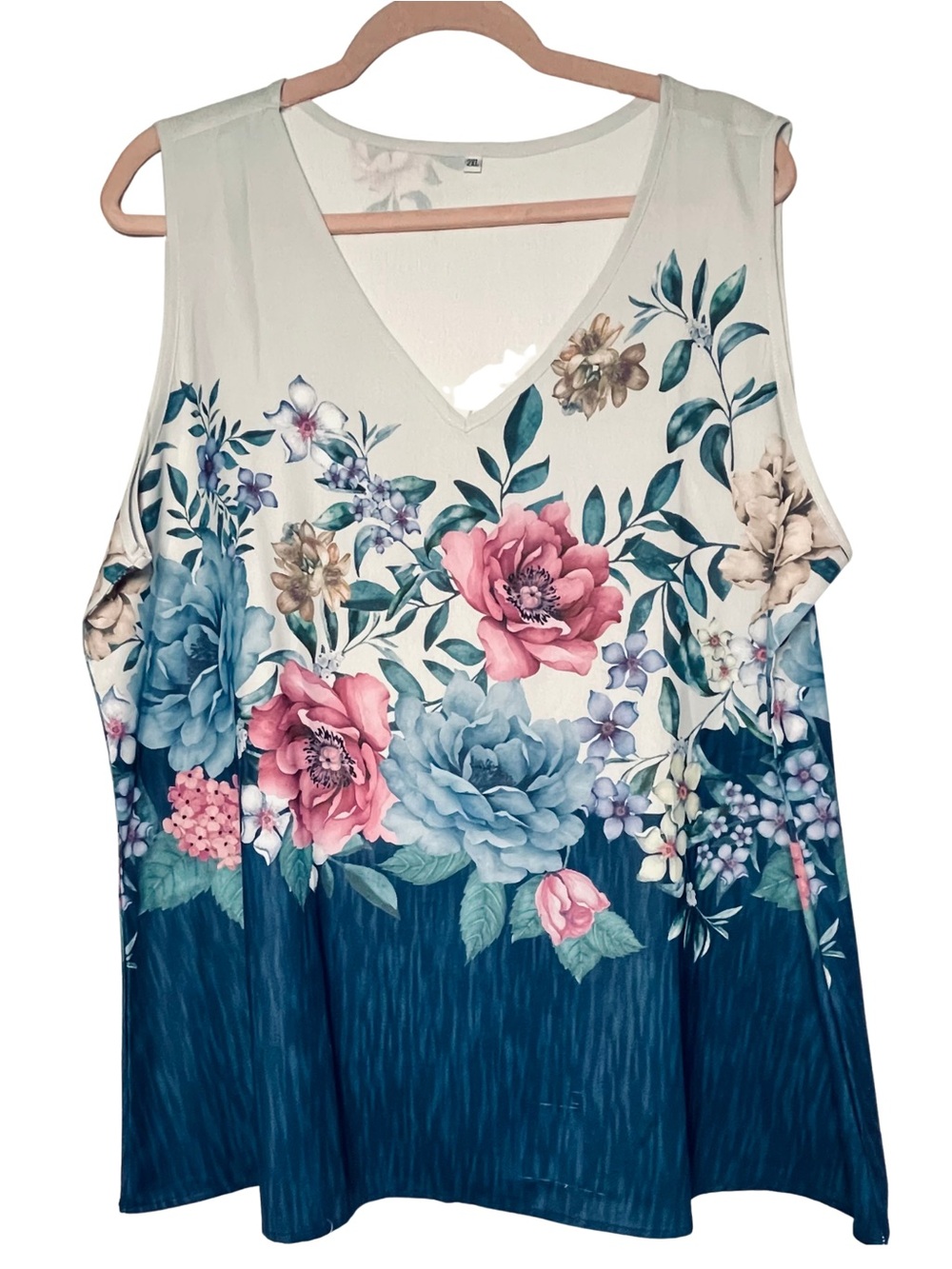 Floral V-Neck Sleeveless Top - Cream with Pink & Blue Flowers